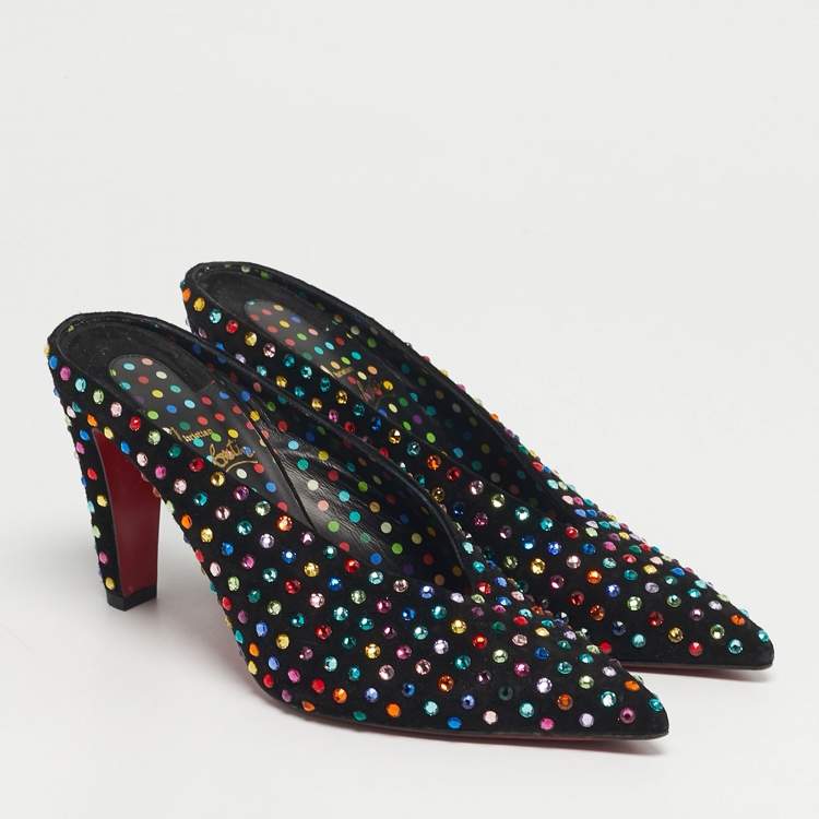 Pre Owned Christian Louboutin Veryvee Strass Boum Size 38.5 Black Suede Multicolor Crystal Embellished Mules