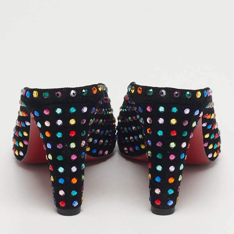 Pre Owned Christian Louboutin Veryvee Strass Boum Size 38.5 Black Suede Multicolor Crystal Embellished Mules