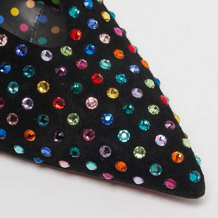 Pre Owned Christian Louboutin Veryvee Strass Boum Size 38.5 Black Suede Multicolor Crystal Embellished Mules