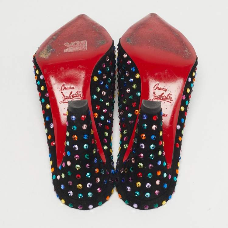 Pre Owned Christian Louboutin Veryvee Strass Boum Size 38.5 Black Suede Multicolor Crystal Embellished Mules
