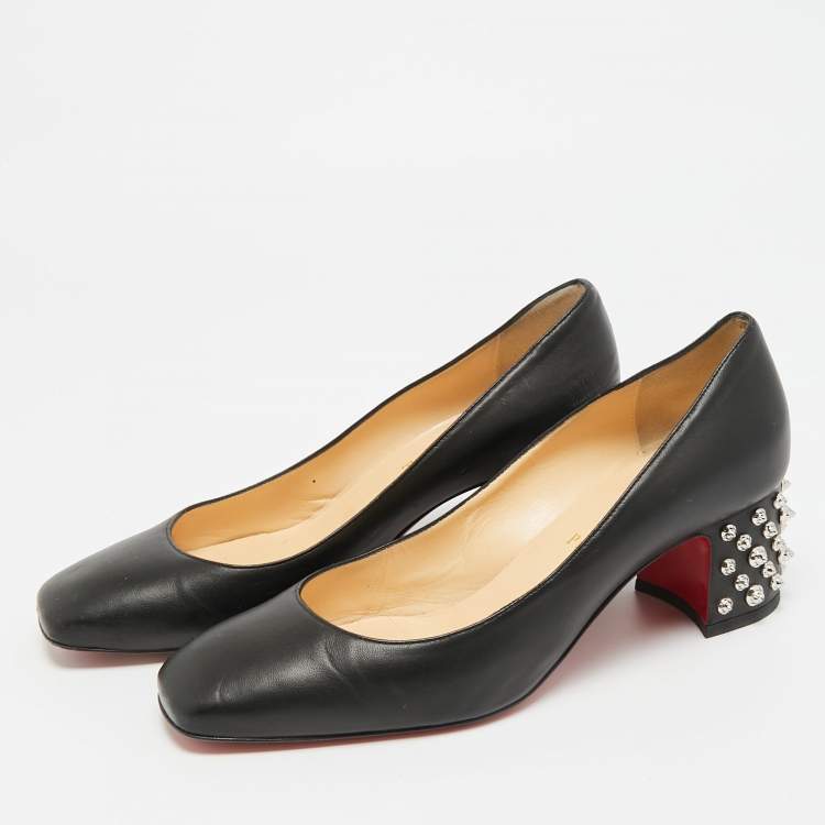 Pre Owned Christian Louboutin Donna Size 39 Black Leather Spike Block Heel Pumps