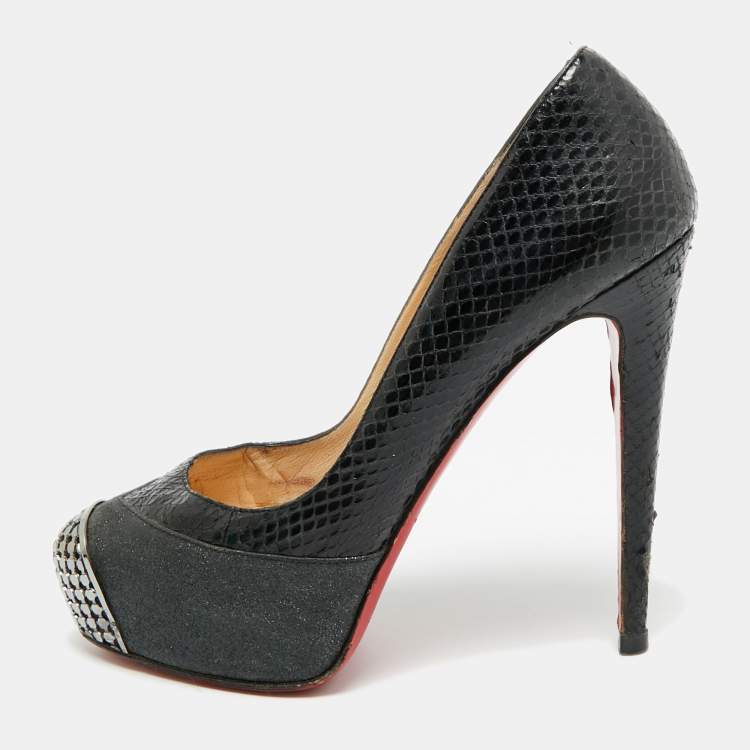 مملوكة مسبقًا Christian Louboutin Maggie Size 39.5 Black Glitter and Snakeskin Leather Platform Pumps