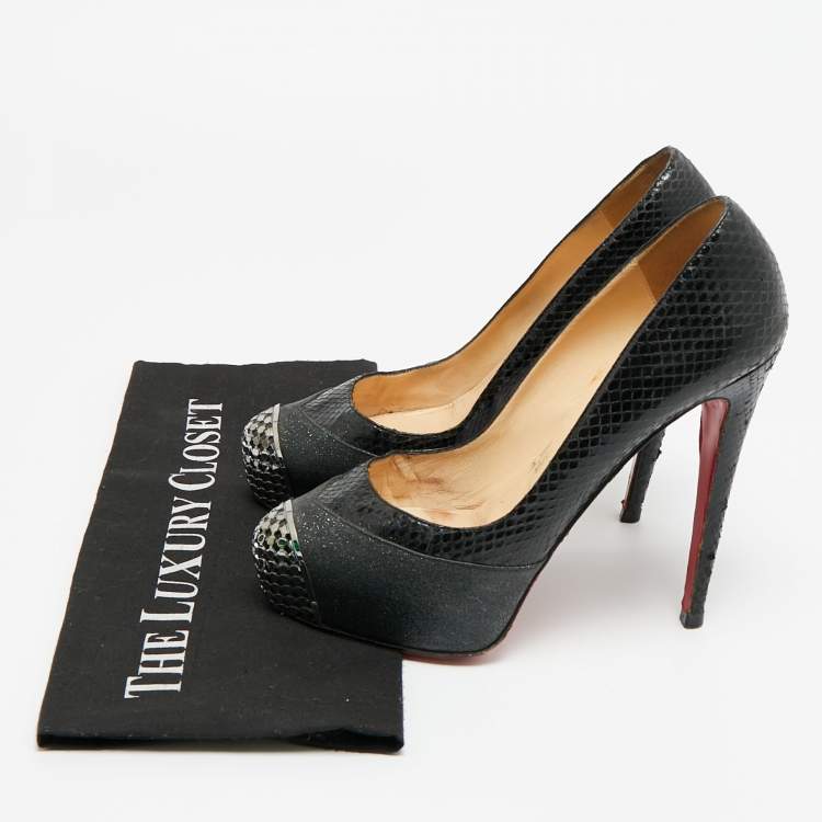 مملوكة مسبقًا Christian Louboutin Maggie Size 39.5 Black Glitter and Snakeskin Leather Platform Pumps