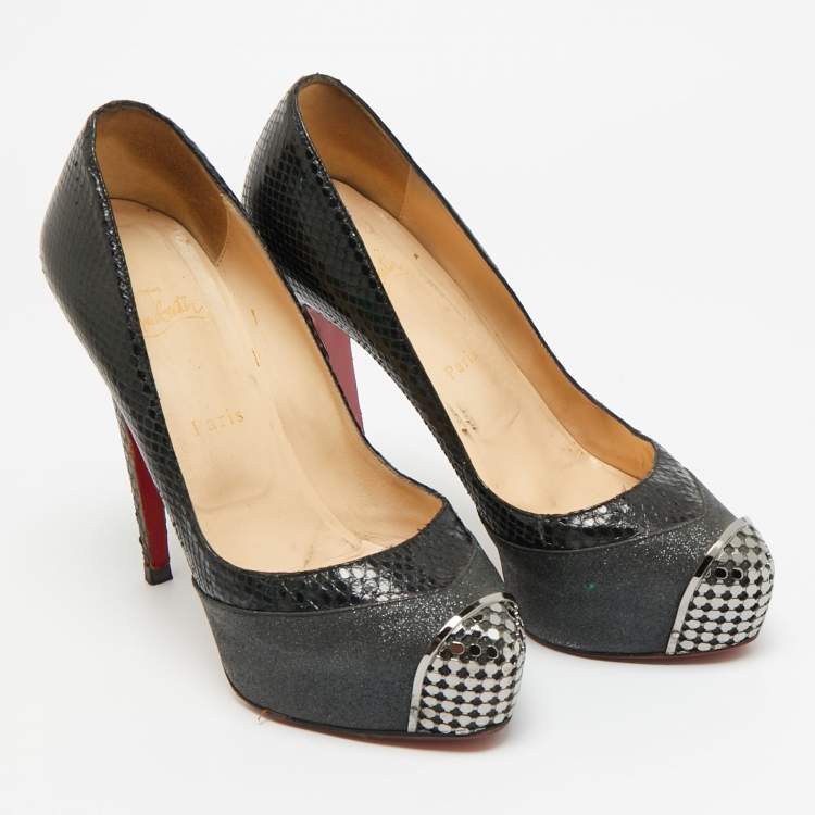 مملوكة مسبقًا Christian Louboutin Maggie Size 39.5 Black Glitter and Snakeskin Leather Platform Pumps