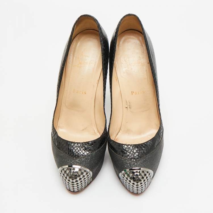 مملوكة مسبقًا Christian Louboutin Maggie Size 39.5 Black Glitter and Snakeskin Leather Platform Pumps