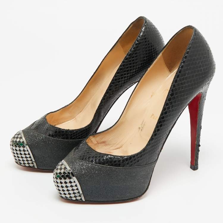 مملوكة مسبقًا Christian Louboutin Maggie Size 39.5 Black Glitter and Snakeskin Leather Platform Pumps