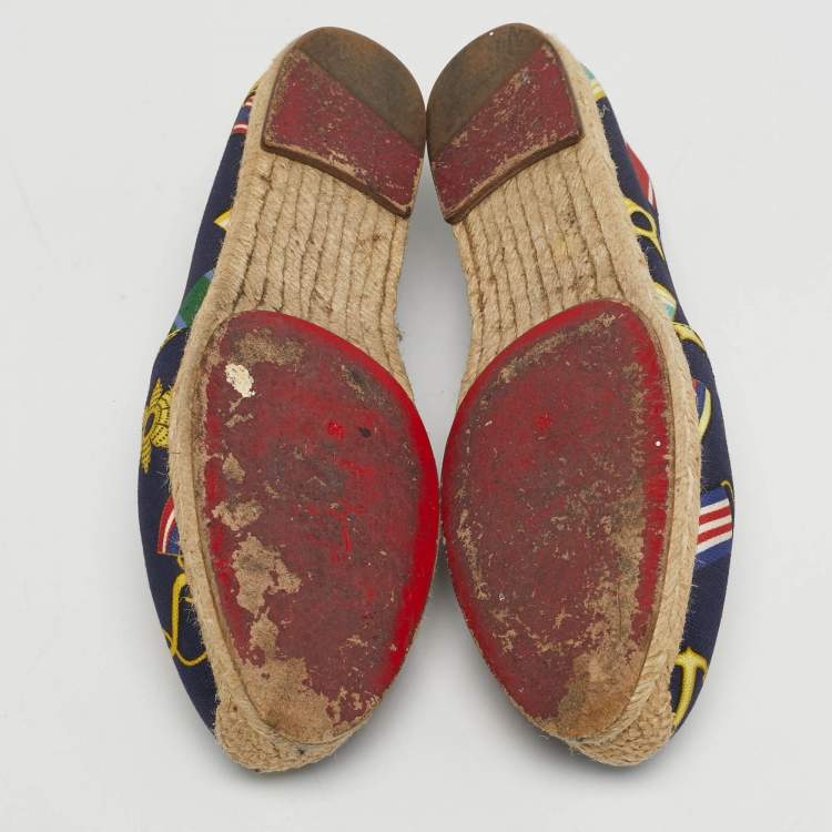 Pre Owned Christian Louboutin Gala Size 36 Navy Blue Canvas Embroidered Crest Espadrille Flats