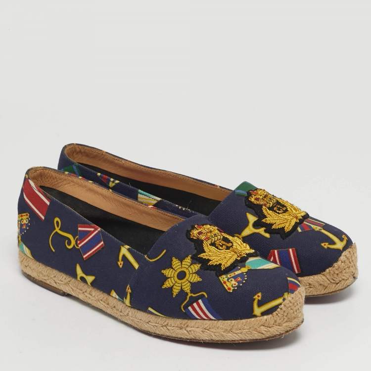 Pre Owned Christian Louboutin Gala Size 36 Navy Blue Canvas Embroidered Crest Espadrille Flats