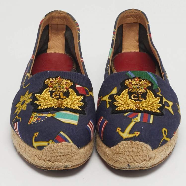 Pre Owned Christian Louboutin Gala Size 36 Navy Blue Canvas Embroidered Crest Espadrille Flats
