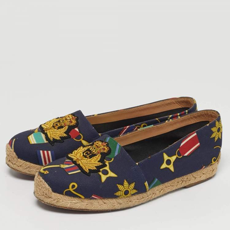 Pre Owned Christian Louboutin Gala Size 36 Navy Blue Canvas Embroidered Crest Espadrille Flats