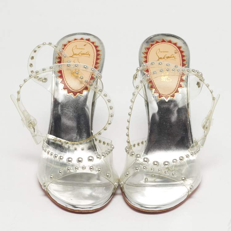 Pre Owned Christian Louboutin Icon A Clous Size 38.5 Silver PVC Ankle Strap Sandals