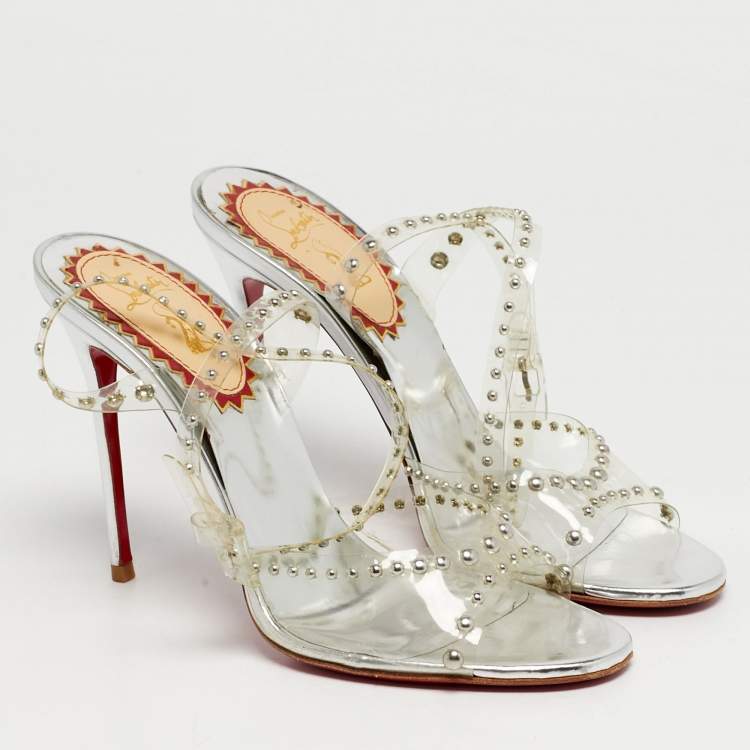 Pre Owned Christian Louboutin Icon A Clous Size 38.5 Silver PVC Ankle Strap Sandals
