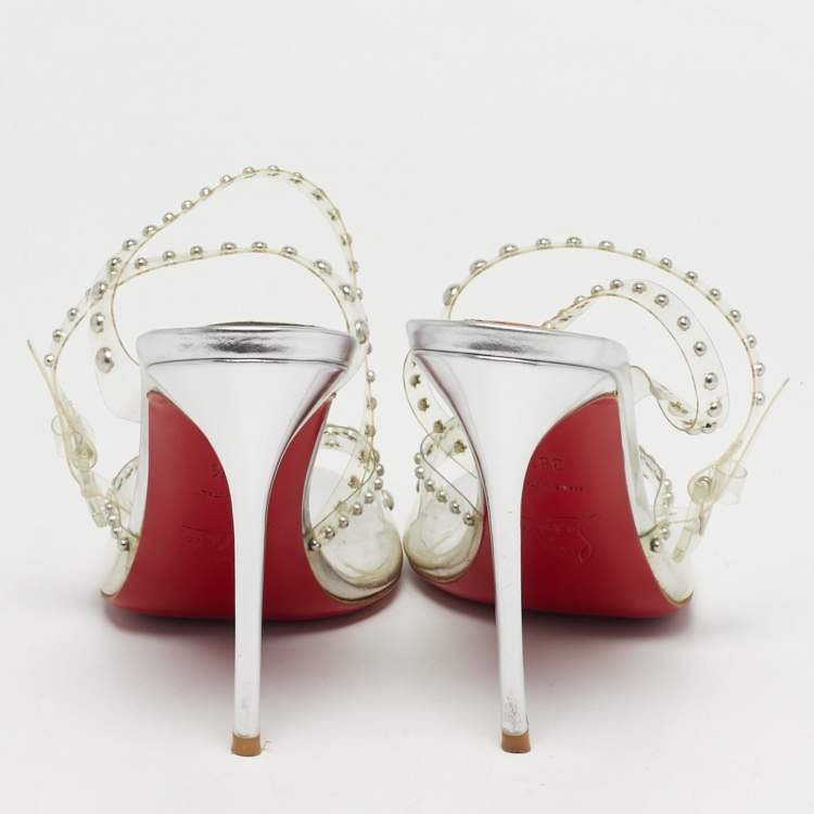 Pre Owned Christian Louboutin Icon A Clous Size 38.5 Silver PVC Ankle Strap Sandals