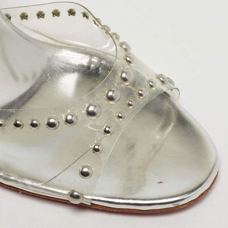 Pre Owned Christian Louboutin Icon A Clous Size 38.5 Silver PVC Ankle Strap Sandals