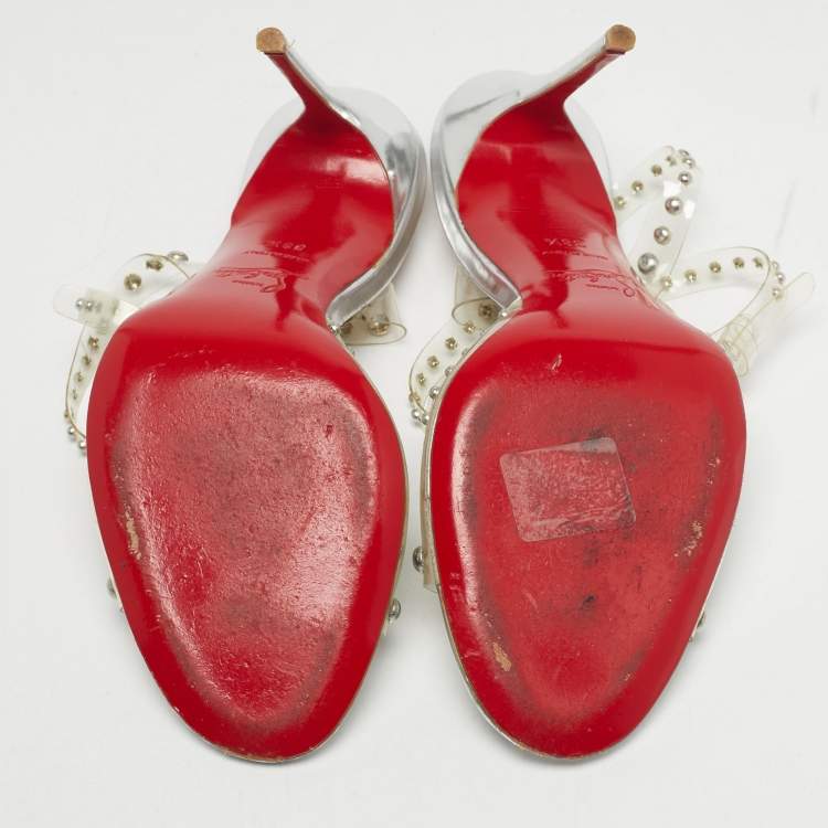 Pre Owned Christian Louboutin Icon A Clous Size 38.5 Silver PVC Ankle Strap Sandals