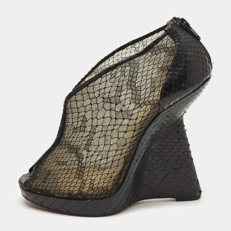 Pre Owned Christian Louboutin Janet Size 39.5 Black Mesh and Python Leather Ankle Length Boots