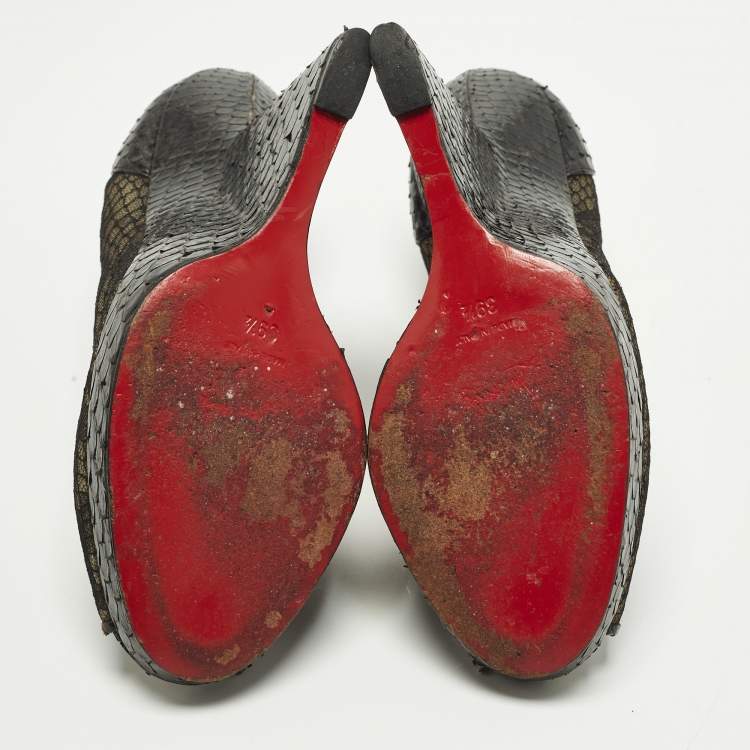 Pre Owned Christian Louboutin Janet Size 39.5 Black Mesh and Python Leather Ankle Length Boots