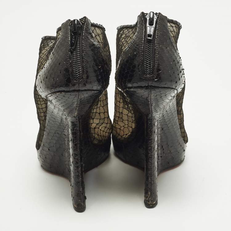 Pre Owned Christian Louboutin Janet Size 39.5 Black Mesh and Python Leather Ankle Length Boots