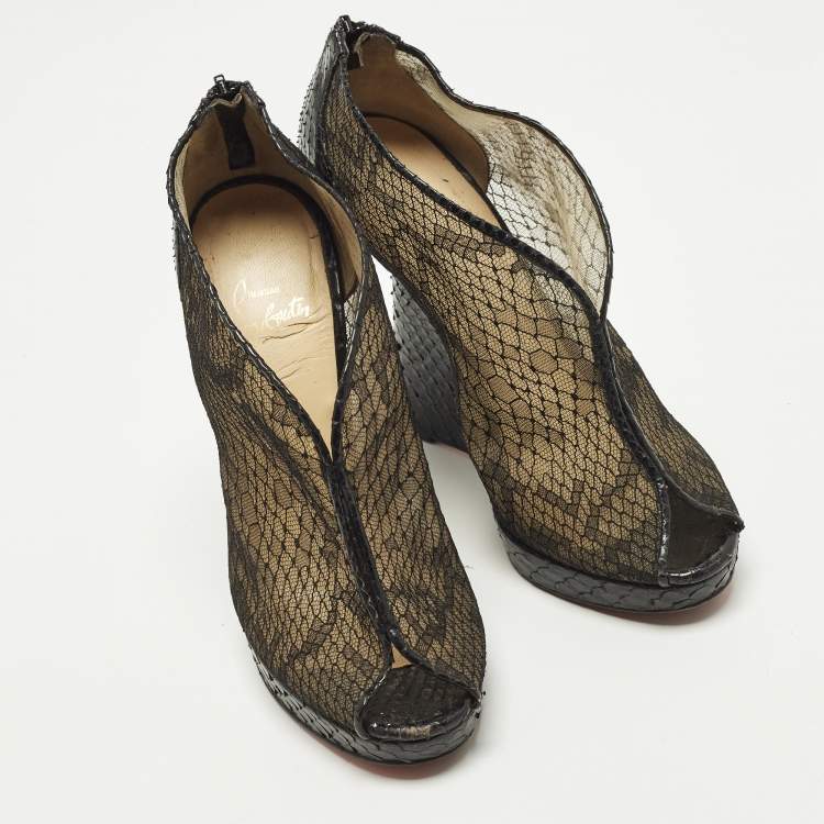 Pre Owned Christian Louboutin Janet Size 39.5 Black Mesh and Python Leather Ankle Length Boots