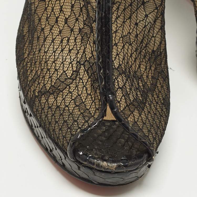 Pre Owned Christian Louboutin Janet Size 39.5 Black Mesh and Python Leather Ankle Length Boots