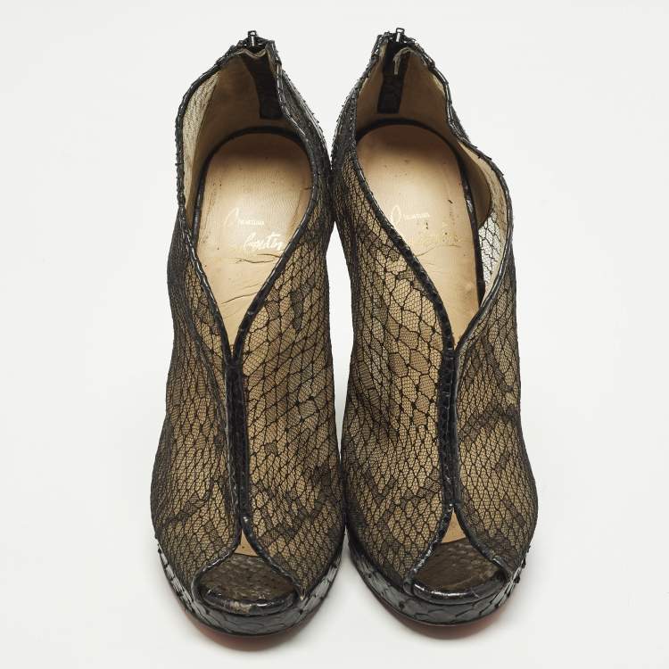 Pre Owned Christian Louboutin Janet Size 39.5 Black Mesh and Python Leather Ankle Length Boots