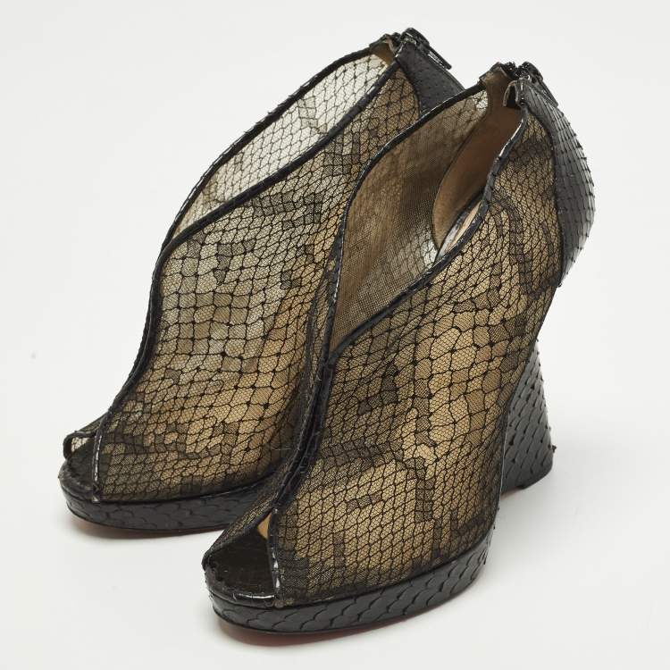 Pre Owned Christian Louboutin Janet Size 39.5 Black Mesh and Python Leather Ankle Length Boots