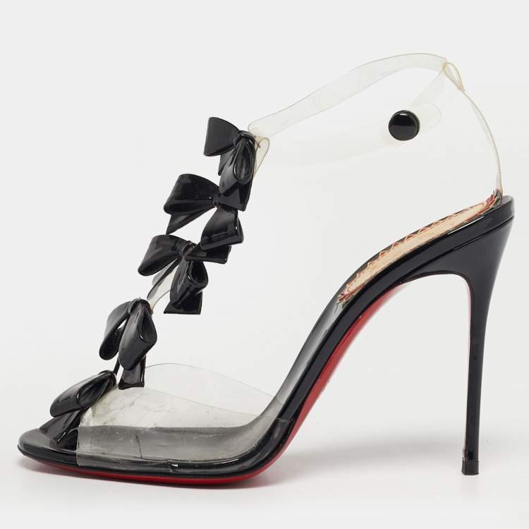 Pre Owned Christian Louboutin Anniversary 20th Size 38.5 Black Patent Leather and PVC Ankle Strap Sandals