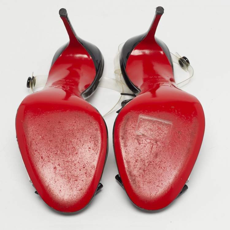 Pre Owned Christian Louboutin Anniversary 20th Size 38.5 Black Patent Leather and PVC Ankle Strap Sandals