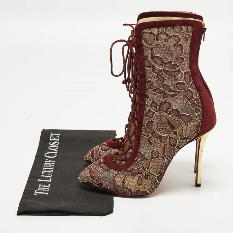 Pre Owned Christian Louboutin Size 40.5 Burgundy/Gold Flora Lace and Suede Ankle Length Boots