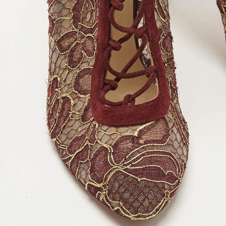Pre Owned Christian Louboutin Size 40.5 Burgundy/Gold Flora Lace and Suede Ankle Length Boots