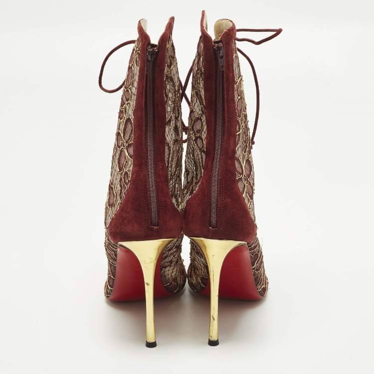 Pre Owned Christian Louboutin Size 40.5 Burgundy/Gold Flora Lace and Suede Ankle Length Boots
