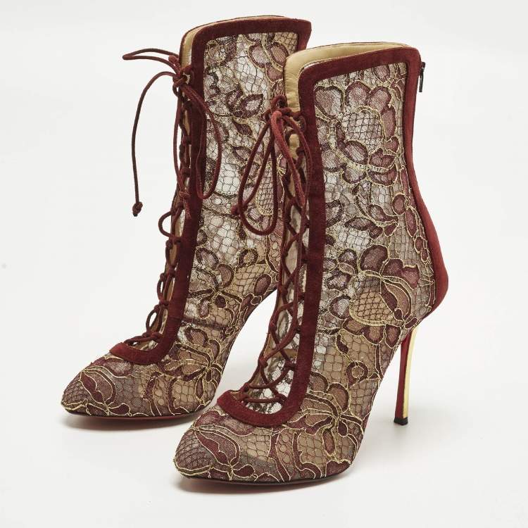 Pre Owned Christian Louboutin Size 40.5 Burgundy/Gold Flora Lace and Suede Ankle Length Boots