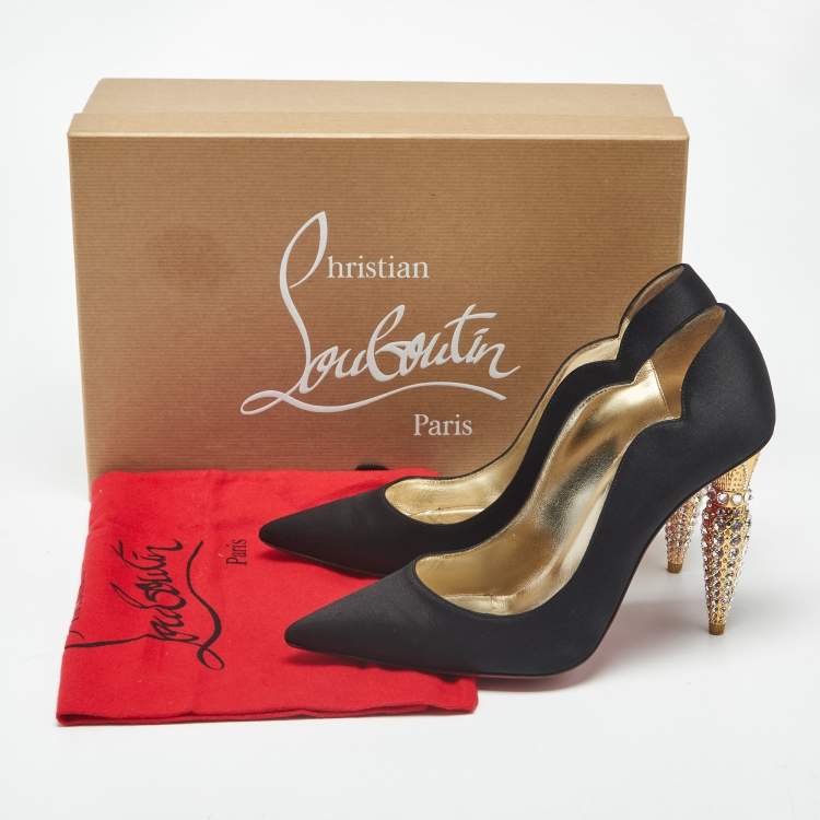 Pre Owned Christian Louboutin Lipstrass Size 39 Black Satin Pumps