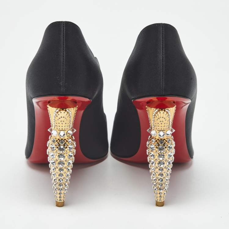 Pre Owned Christian Louboutin Lipstrass Size 39 Black Satin Pumps