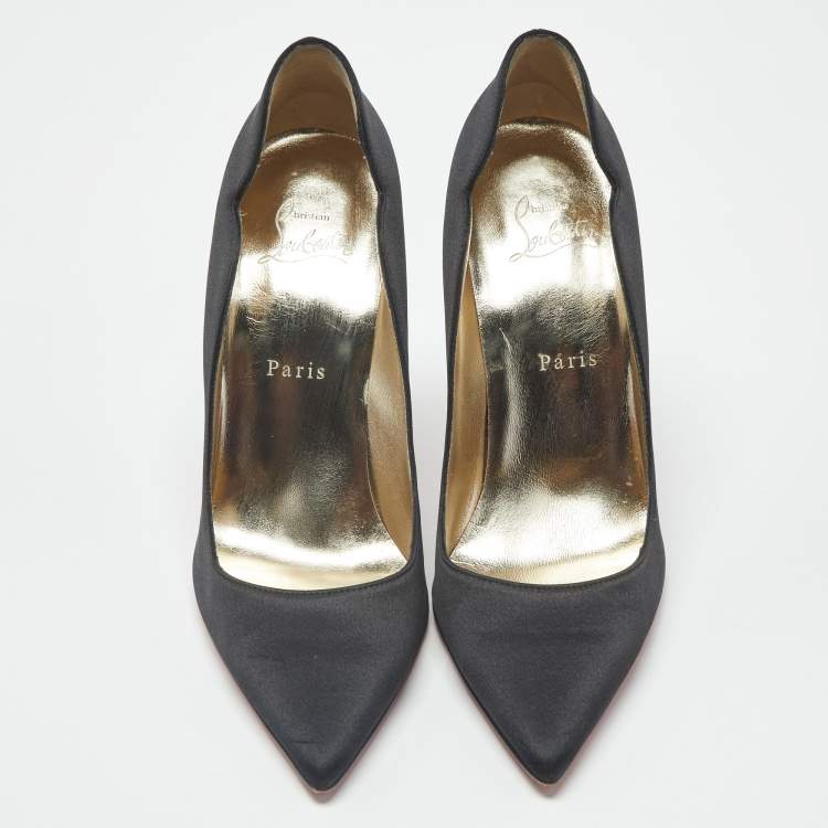 Pre Owned Christian Louboutin Lipstrass Size 39 Black Satin Pumps