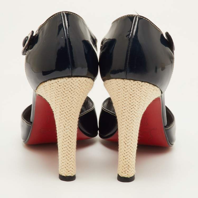 مملوكة مسبقًا Christian Louboutin Size 40 Navy Blue Patent Leather T-Strap Peep Toe Sandals