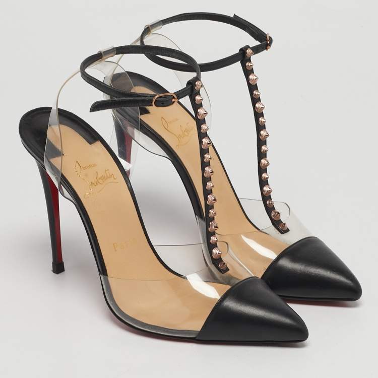 Pre Owned Christian Louboutin Nosy Size 39 Transparent Leather and PVC Spike T-Strap Slingback Pumps