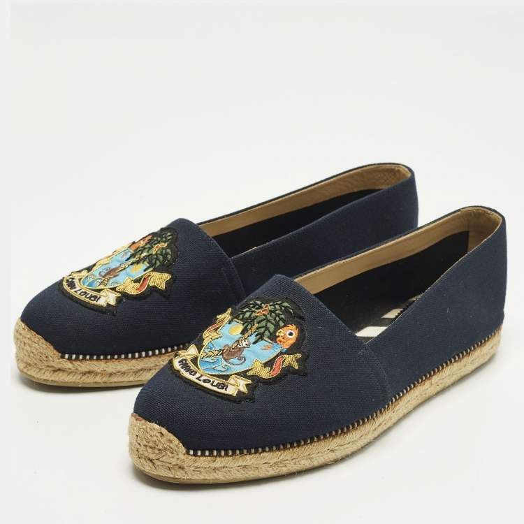 Pre Owned Christian Louboutin Lougalia Size 40 Navy Blue Canvas Espadrille Flats