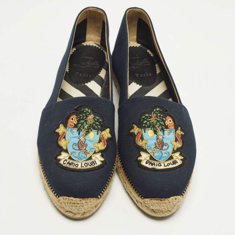 Pre Owned Christian Louboutin Lougalia Size 40 Navy Blue Canvas Espadrille Flats