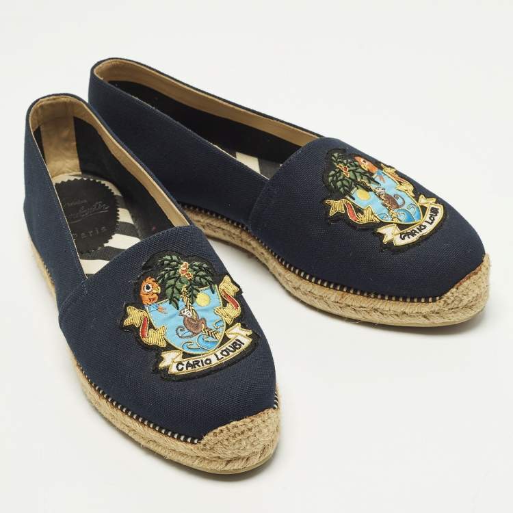 Pre Owned Christian Louboutin Lougalia Size 40 Navy Blue Canvas Espadrille Flats