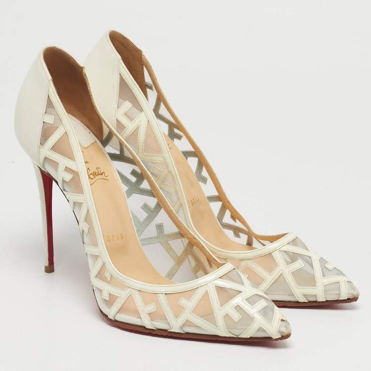 Pre Owned Christian Louboutin Tititata Size 39.5 Cream Mesh and Leather Pumps