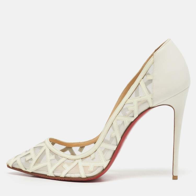 Pre Owned Christian Louboutin Tititata Size 39.5 Cream Mesh and Leather Pumps