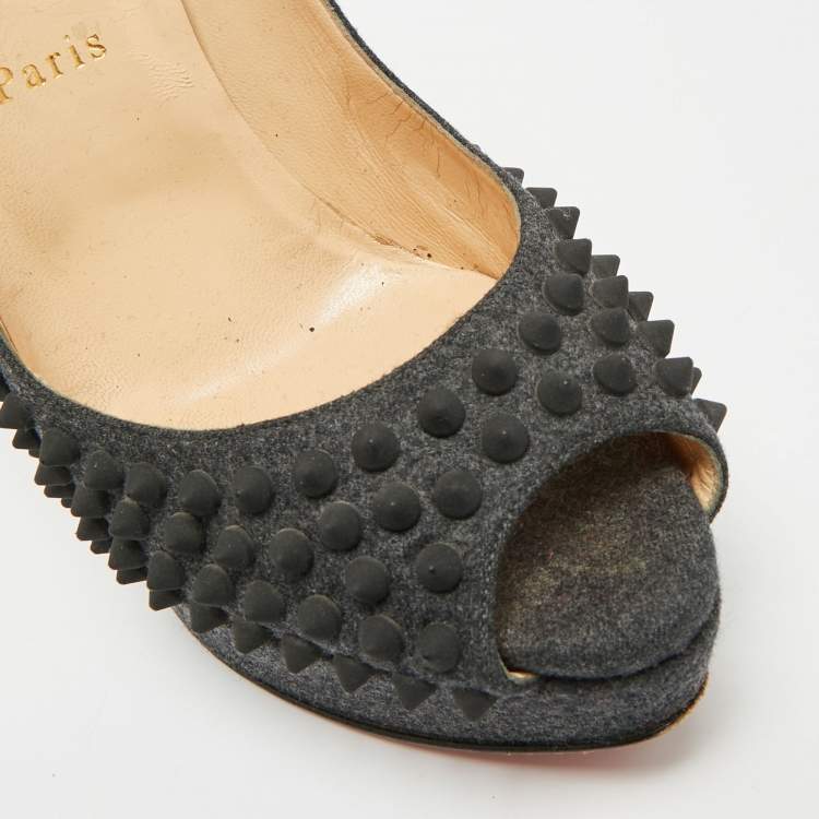 Pre Owned Christian Louboutin Lady Peep Spikes Size 39.5 Grey Wool Platform Pumps