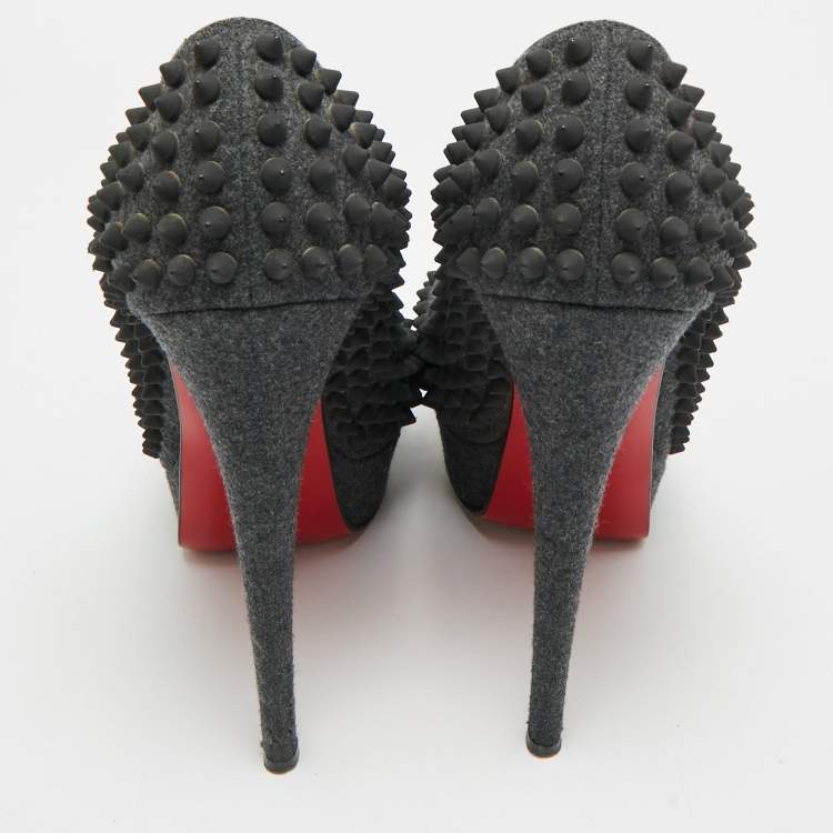 Pre Owned Christian Louboutin Lady Peep Spikes Size 39.5 Grey Wool Platform Pumps