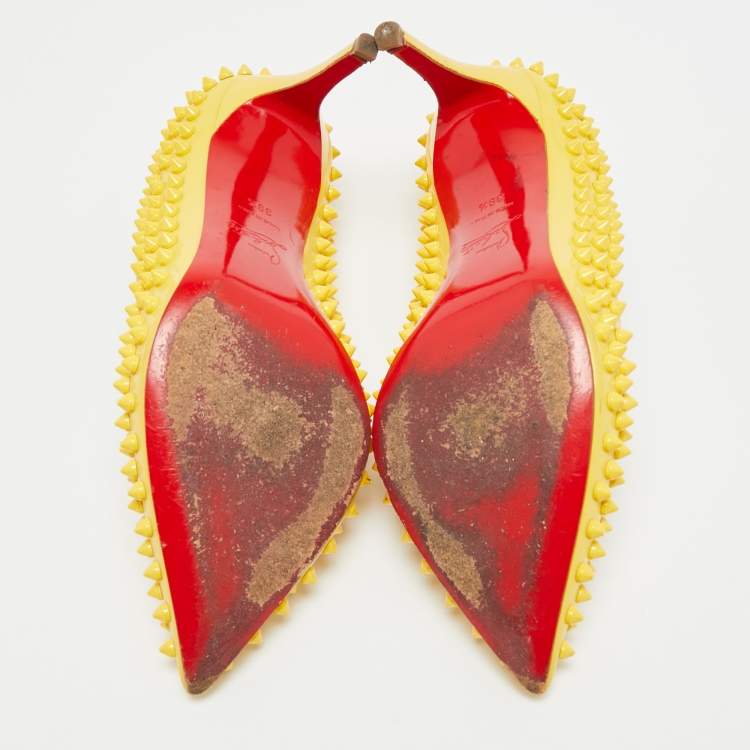 Pre Owned Christian Louboutin Pigalle Spikes Size 39.5 Yellow Patent Leather Pumps
