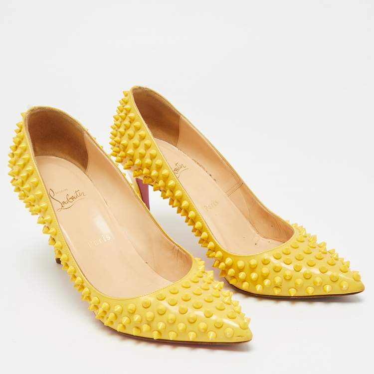 Pre Owned Christian Louboutin Pigalle Spikes Size 39.5 Yellow Patent Leather Pumps