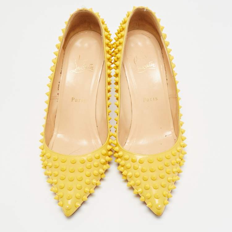 Pre Owned Christian Louboutin Pigalle Spikes Size 39.5 Yellow Patent Leather Pumps