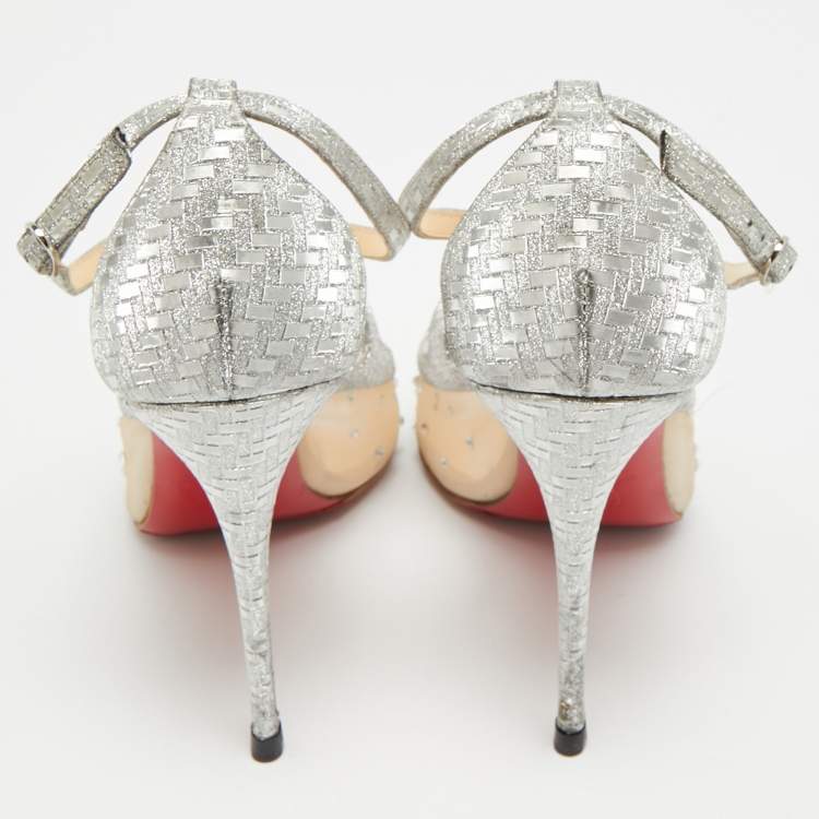 Pre Owned Christian Louboutin Twistissima Size 39.5 Silver Leather and Mesh Pumps