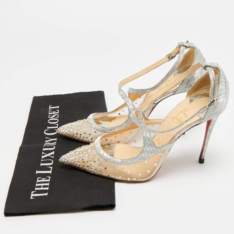 Pre Owned Christian Louboutin Twistissima Size 39.5 Silver Leather and Mesh Pumps