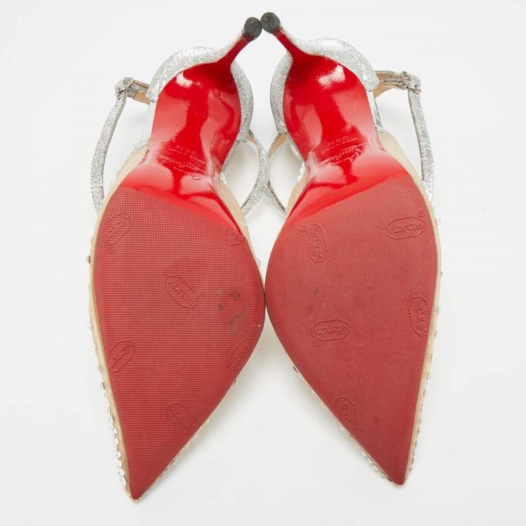 Pre Owned Christian Louboutin Twistissima Size 39.5 Silver Leather and Mesh Pumps